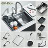 304 Stainless Steel Brushed Waterfall Kitchen Sink 4-Hole Large Single Slot Integrated Faucet Set Soap Dispenser/Pure Water/Cup
