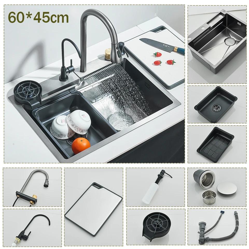 304 Stainless Steel Brushed Waterfall Kitchen Sink 4-Hole Large Single Slot Integrated Faucet Set Soap Dispenser/Pure Water/Cup
