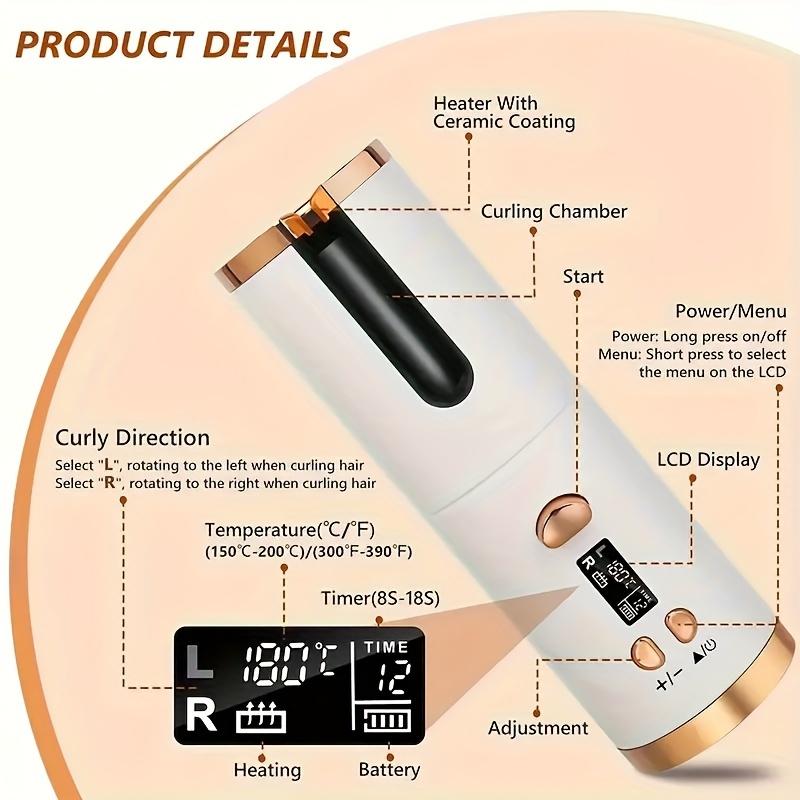 Automatic Cordless Hair Curler, Portable USB Rechargeable Curling Iron, LCD Display, Suitable For Travel And Quick Styling