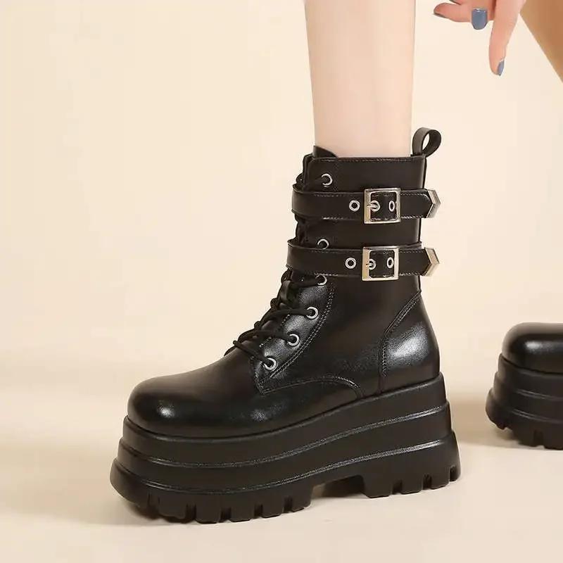 

Punk Style Women Boots Fashion Casual High Top Leather Boots Lace-up Ankle Boots Height Increase Platform Boot Women Gothic Boot 35