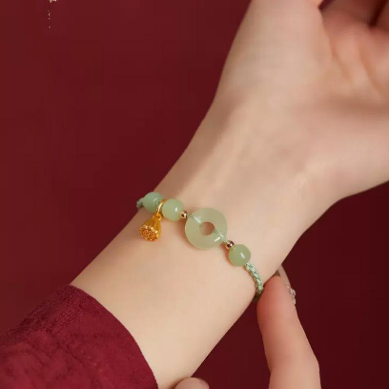Bracciale consigliato in giada Hetian naturale con fibbia a forma di peace e ciondolo a capsula di loto, braccialetto con cordino rosso per donna, nuovo gioiello intrecciato in stile cinese