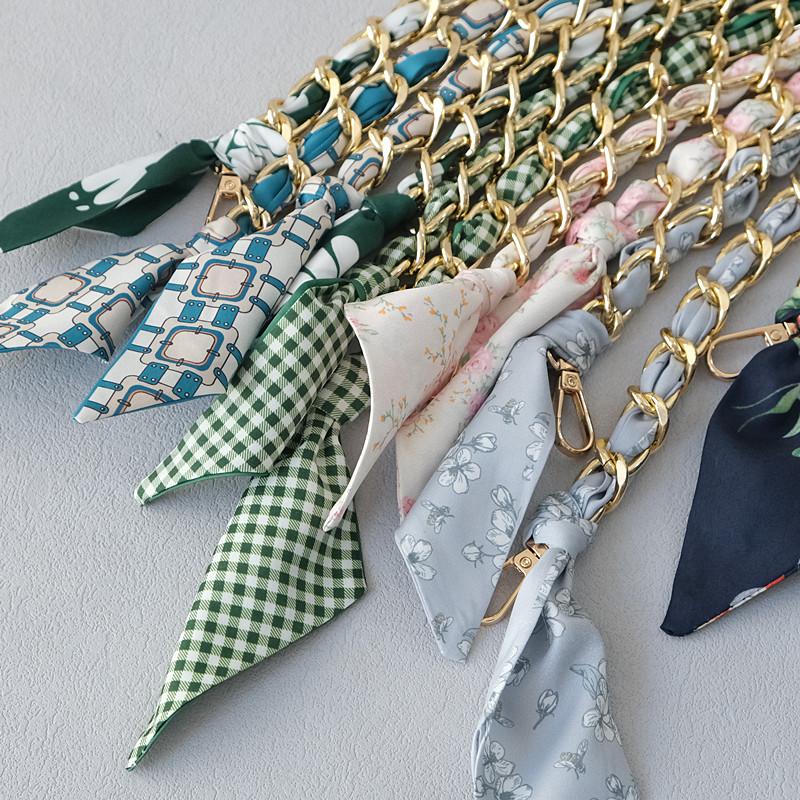 New Fashion Brand Woman Handbag Accessory Chains Detachable Floral Print Gold Silver Metal Silk Shoulder Strap Women DIY Chain Bag Handles