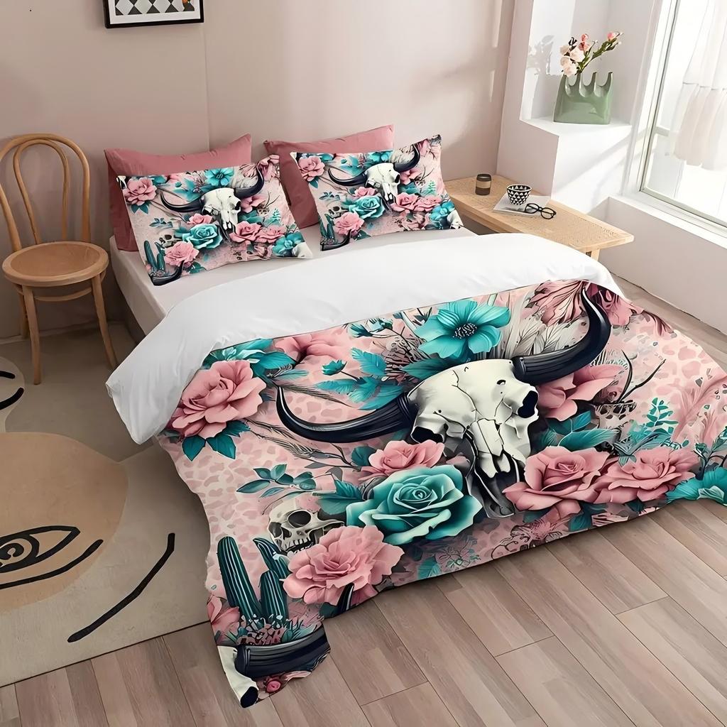 Bull Head Skull Flower 3D Printed Quilt Cover Set Vintage Style Soft Bedding Cover Home Polyester Textile Duvet Cover Pillowcase