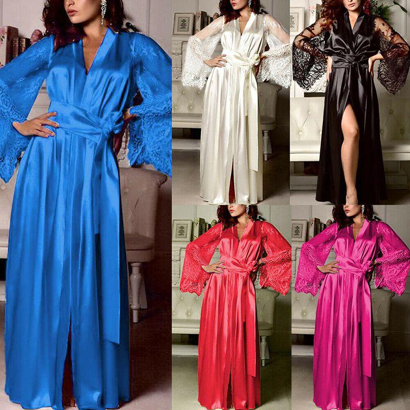 Elegante Camicia da Notte da Donna in Raso di Seta con Pizzo Lingerie Kimono Abbigliamento da Notte Lunga Vestaglia