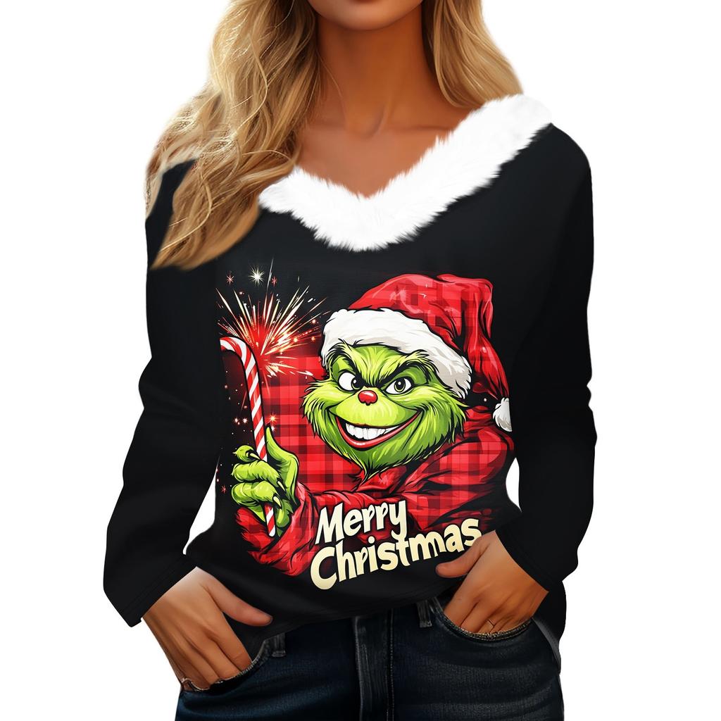 Damen Weihnachtsbedrucktes Langarmshirt V-Ausschnitt Lässig Locker Geschnitten T-Shirt Oberteile