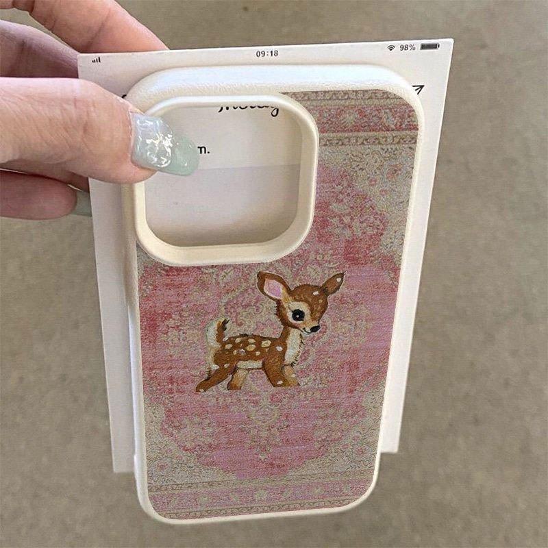 Vintage Ethnic Floral Deer Case For iPhone 17 16 15 14 13 12 11 Pro Max Lychee texture Texture Shockproof Cover
