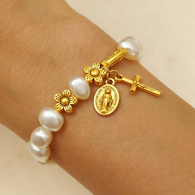 Retro Virgin Mary Pendant Pearl Bracelet with Oval Charm and Flower Design for Women