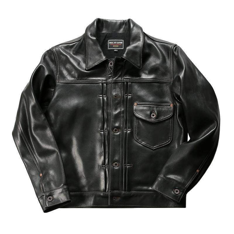 Casual denim leather jacket men's lapel multi-pocket top sheepskin leather jacket