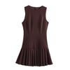Women Sleeveless Pleated Mini Dress Solid Round Neck Slim A Line Dress Elegant Brown Party Short Dress European Style Casual Dress