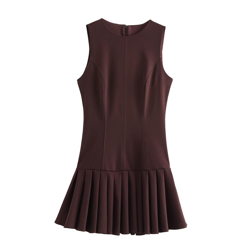 Women Sleeveless Pleated Mini Dress Solid Round Neck Slim A Line Dress Elegant Brown Party Short Dress European Style Casual Dress