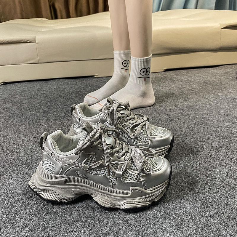 Thick-soled heightening dad shoes women's spring and autumn small man fried street new silver casual sports shoes