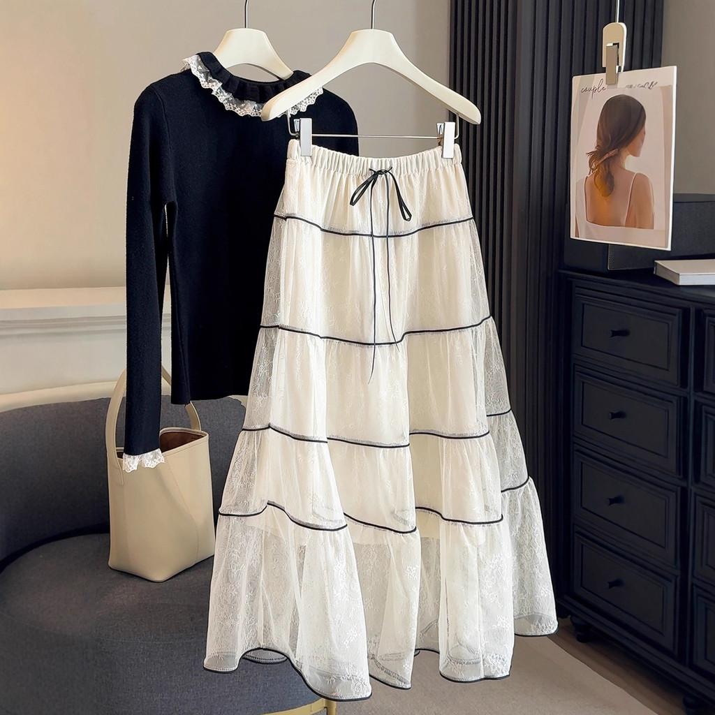Qooth Lace Pleated Tiered Skirt Heavy Flowy A-Line Midi French Romantic QT2857