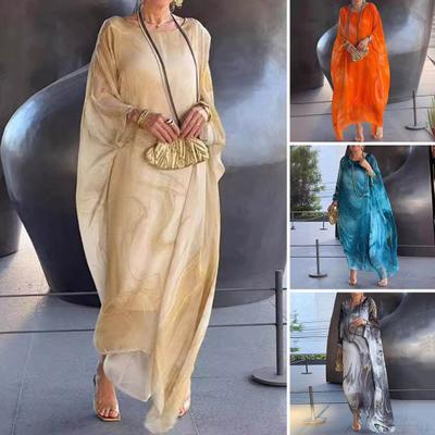Women Maxi Dress Flowy Round Neck Irregular Bat Sleeves Double-layered Marble Texture Printed Oversized Ankle Length Casual Maxi Dress