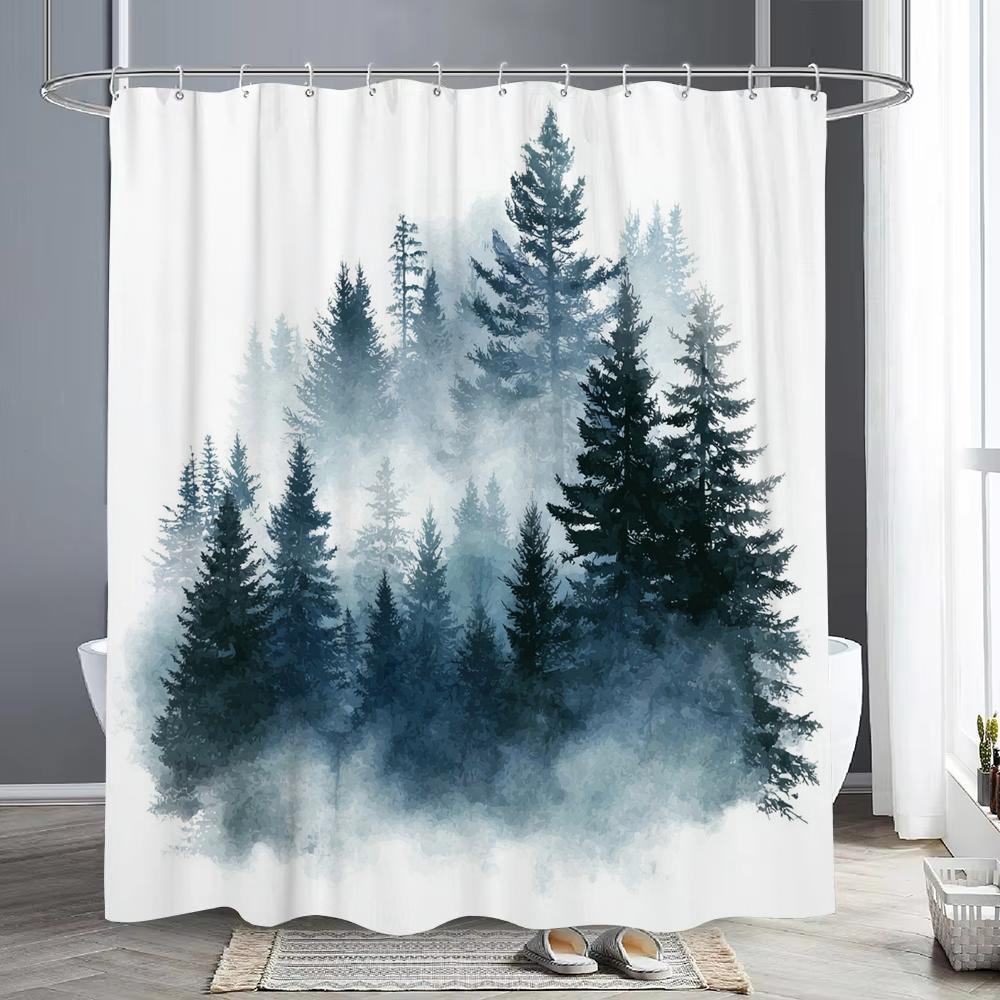 Misty Forest Scenery Shower Curtain, Bathtub Bathroom Decorative Shower Curtain, Waterproof Shower Curtain With Hooks