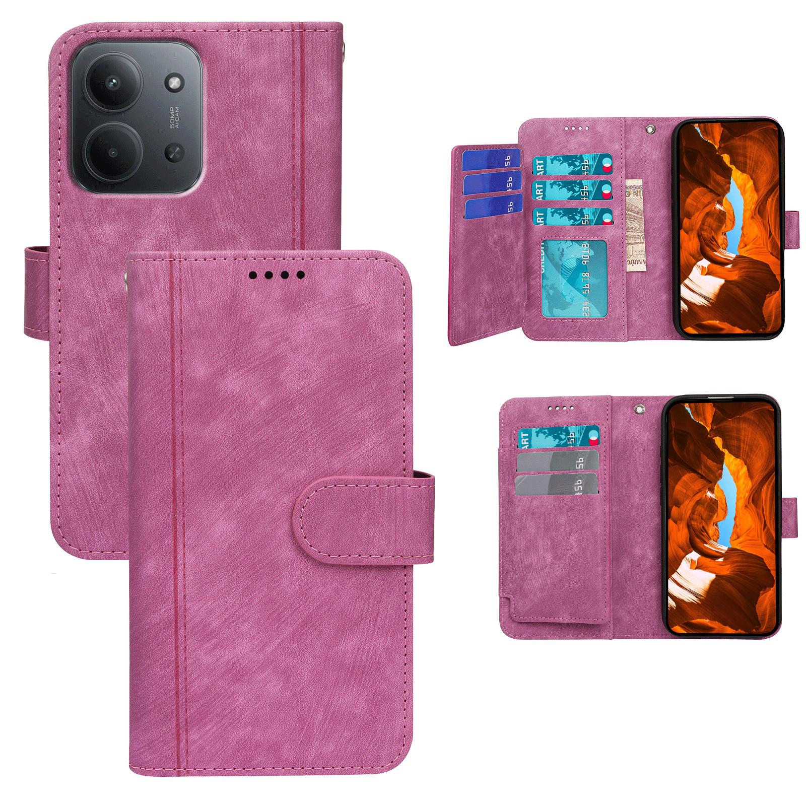 

For Xiaomi Redmi 15C 4G (Global) (171mm)/Poco C85 4G Leather Case Line Pattern Wallet Phone Cover with 9 Card Slots Rose
