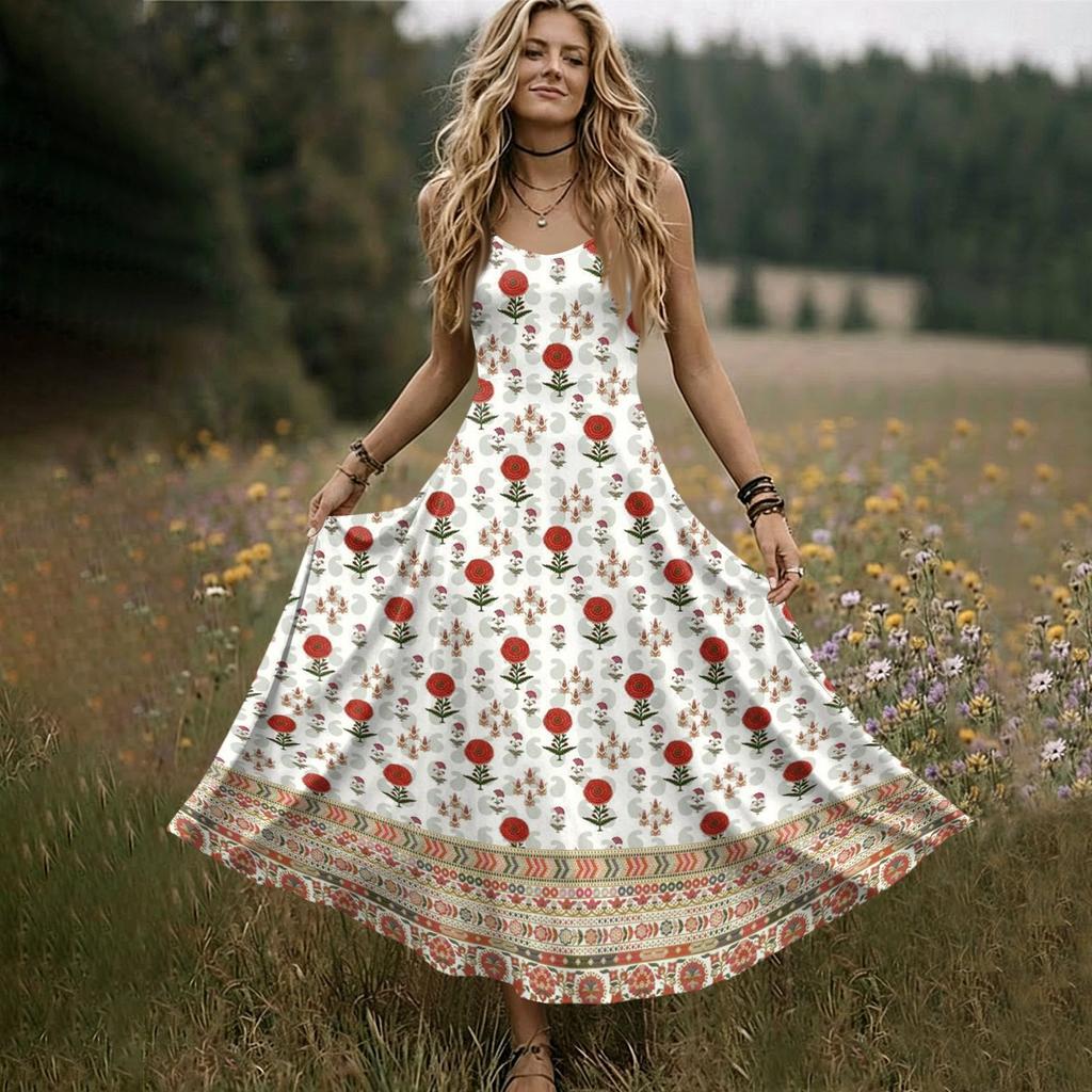 Women's Sleeveless V Neck Maxi Dress Summer Long Dress Casual Loose Fit Floral Print Bohemian Style Slip Dress