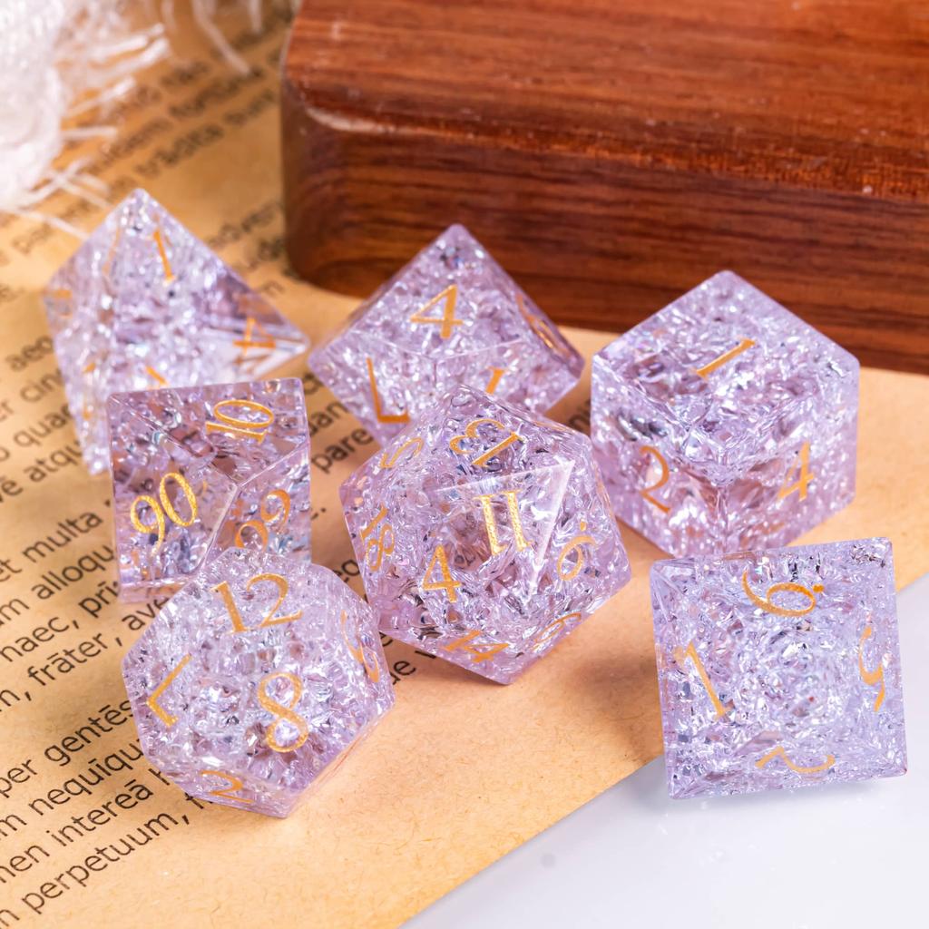 Cusdie Glass DND Dice Set 7-Die Handmade Shattered Glass D4-D20 Polyhedral Dice with Leather Box for Tabletop RPG Collection