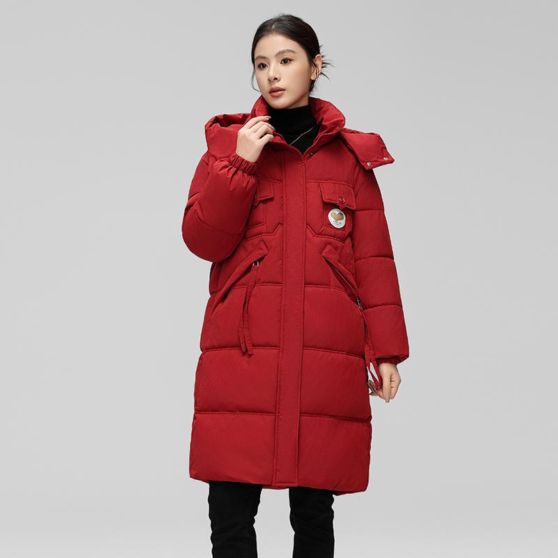 

Осень-зима толстая теплая куртка женская однотонная с капюшоном пальто парки средней длины на молнии верхняя одежда M-XXL XL красный
