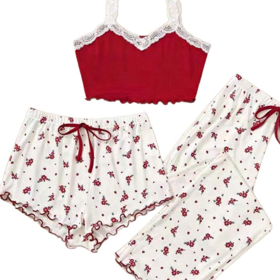 Women's Ribbed Lace Camisole & Pants Pajama Set - 3-Piece Cross-Border European & American Style