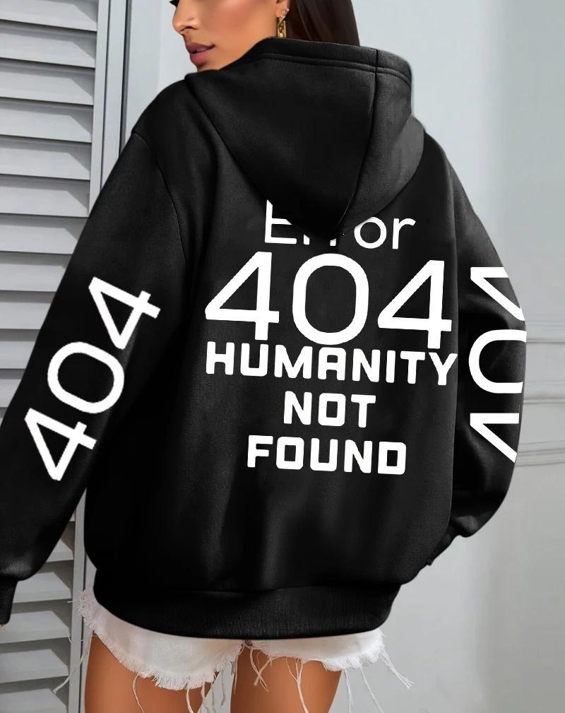Women's Autumn Loose Fleece Hoodie with 'Error 404' Letter Print and Pocket