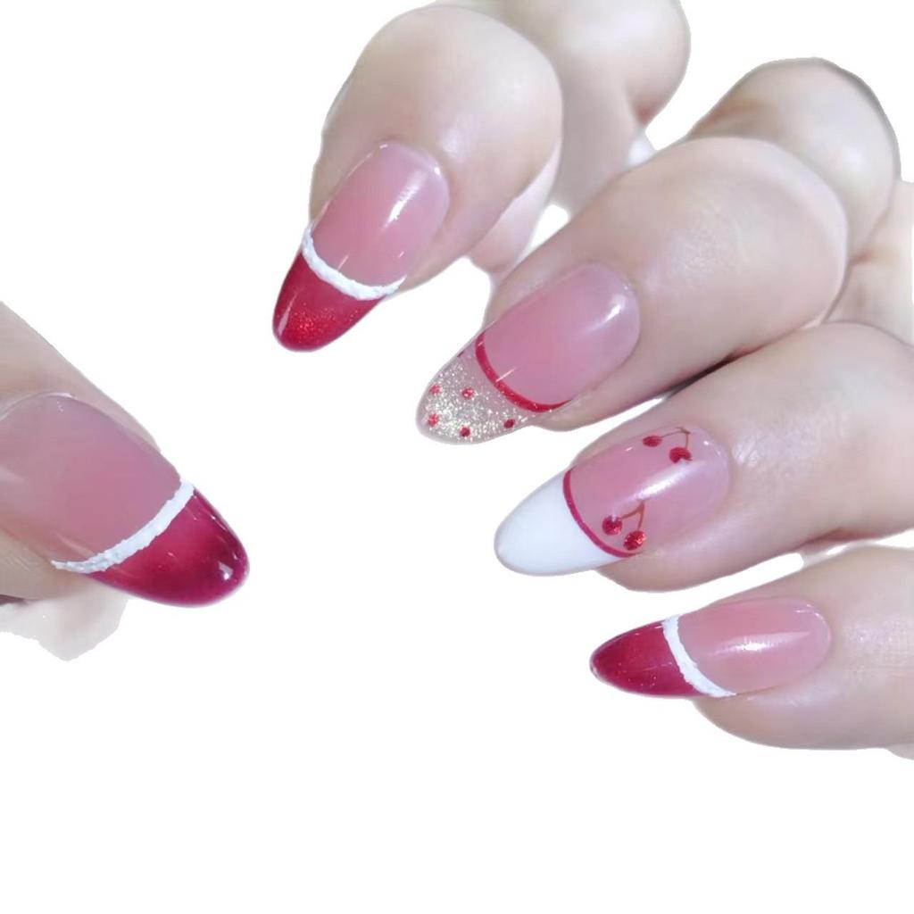 2026 New Year Red French Cherry Polka Dot Cat Eye Manicure - Cute, Handmade, Long Style Nails