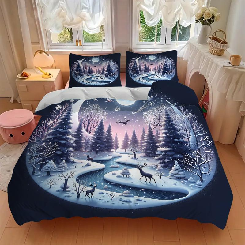 3pcs Winter's Night Pattern Bedding Set, 1* Cover + 2*Pillowcases, Printed Bedding Set, Soft