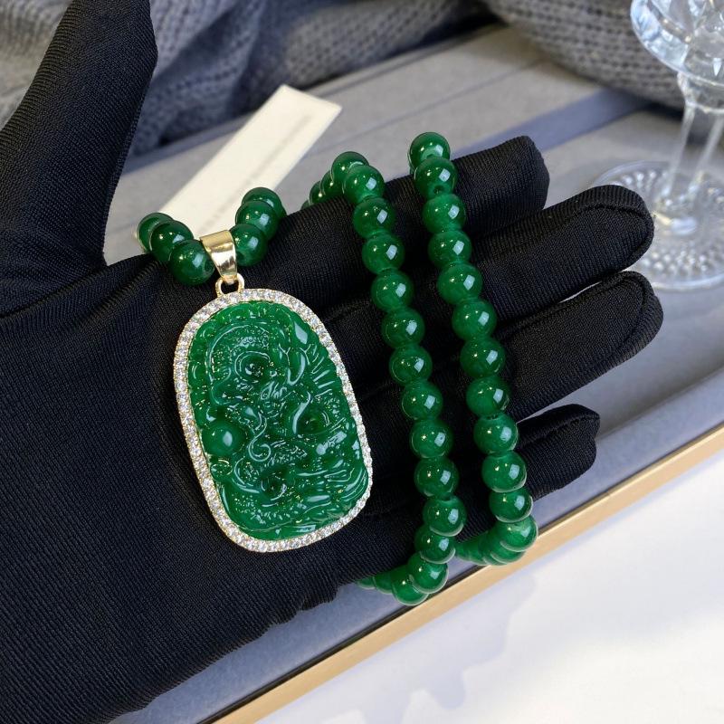 

Dragon Phoenix Women s Emerald Necklace with Maitreya Buddha Pendant - Long, Versatile Sweater Chain