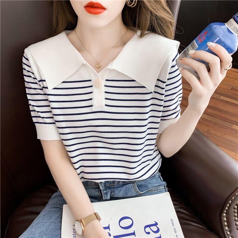 Women's Chic Striped Ice Silk Short-Sleeve T-Shirt with Navy Collar - Youthful Spring/Summer 2024 Collection