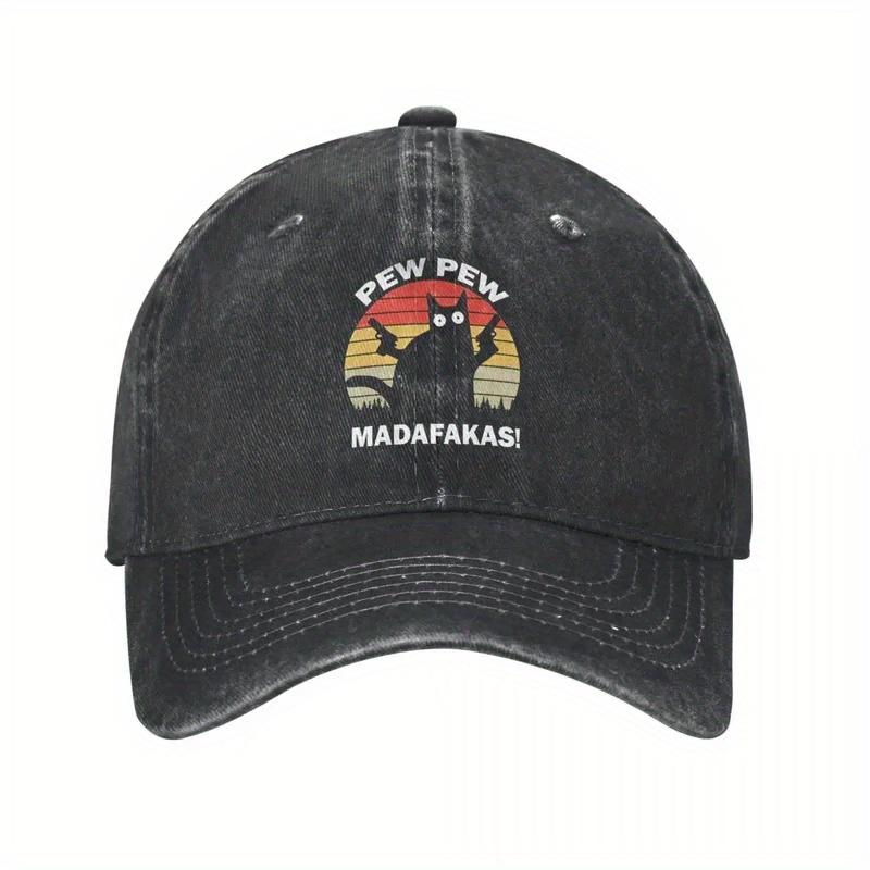 Vintage "Pew Pew Madafakas" Cat Baseball Cap - Distressed Denim Snapback, Outdoor Summer Hat wit
