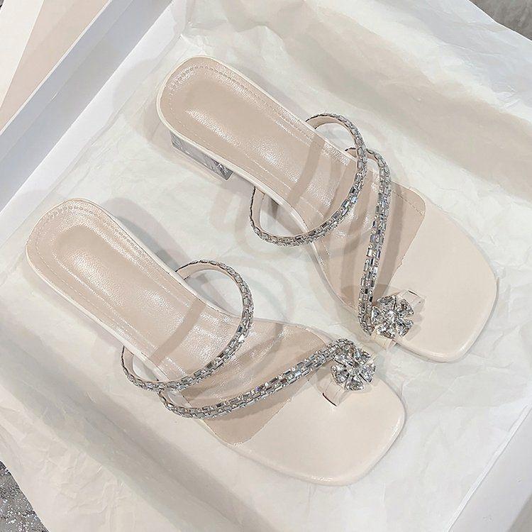 High-heeled sandals women's summer outer wear 2025 new with skirt thick heel toe beautiful rhinestone cover toe Roman cool slippers