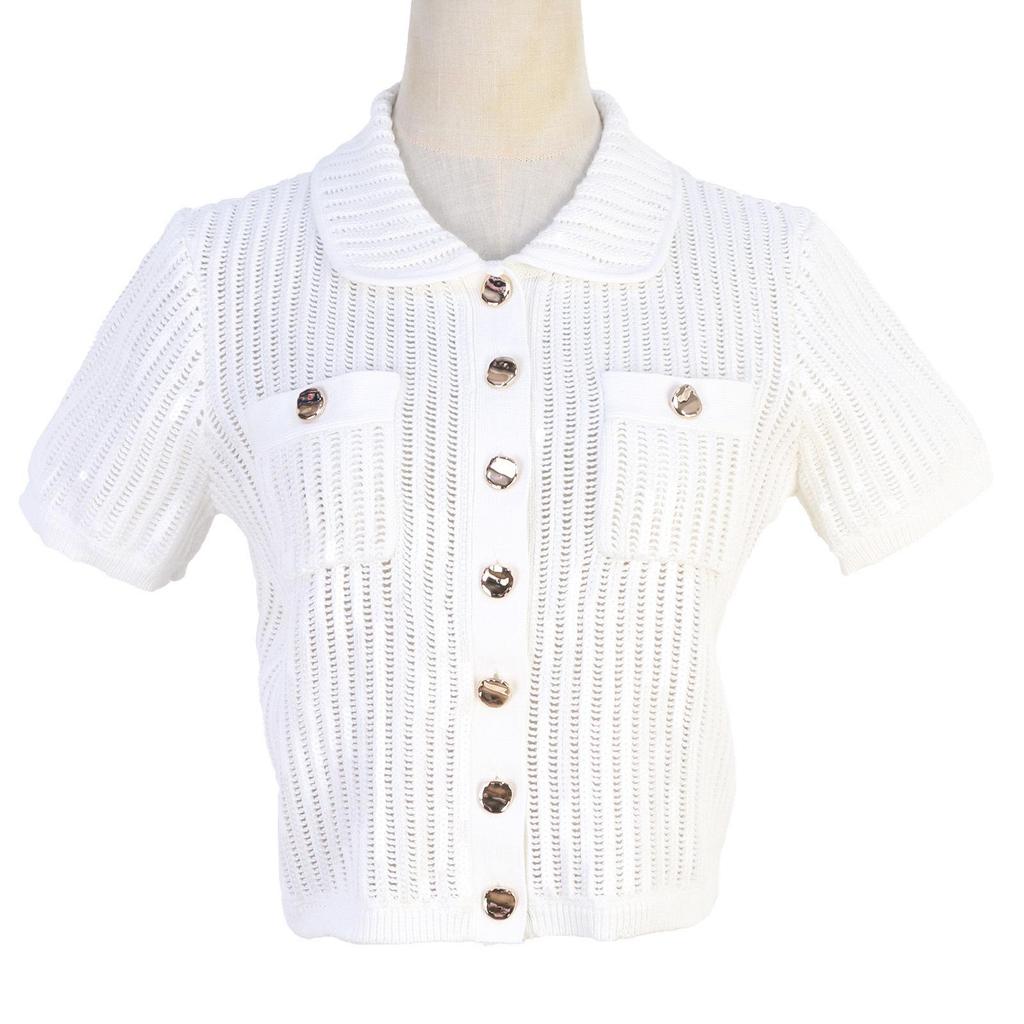 Women's French Sequin A-line Skirt Set with Lapel Metal Buckle and Knitted Hollowed Short Sleeve Cardigan