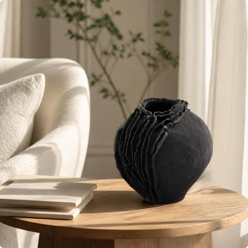 Handmade Matte Black Ceramic Vase Modern Freestanding Flower Hand-Formed