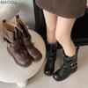 British Style Women's Soft Leather Riding Boots Belt Buckle Platform Chunky High Heel Mid-Calf Retro Brown Boots Bottes Femmes
