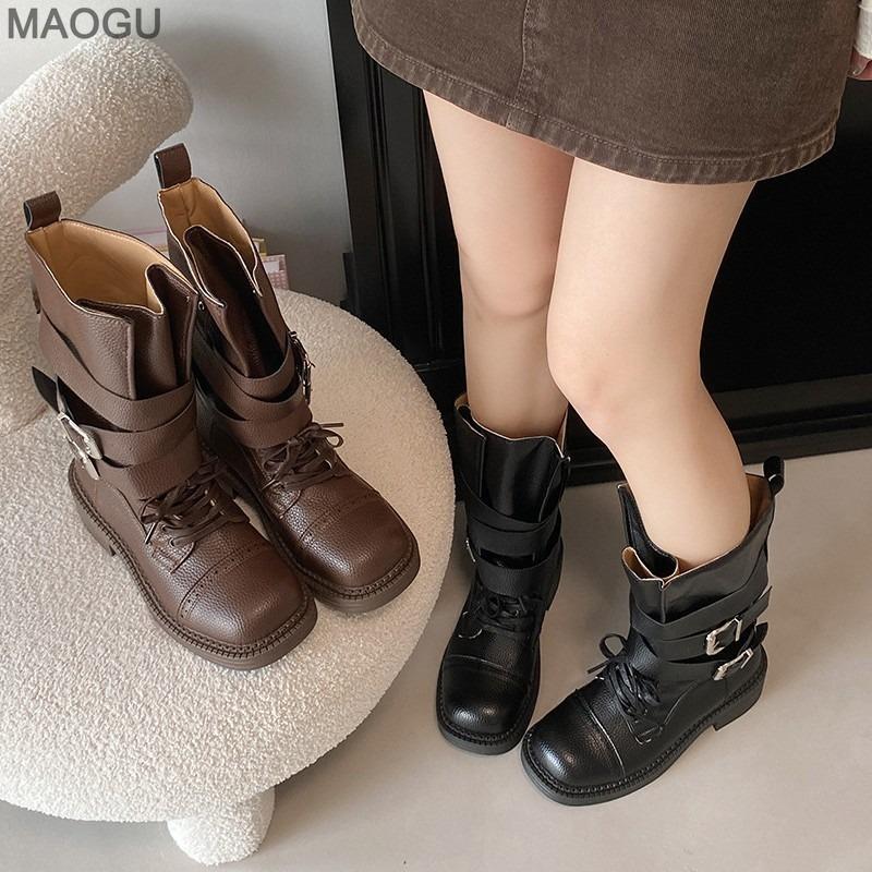 British Style Women's Soft Leather Riding Boots Belt Buckle Platform Chunky High Heel Mid-Calf Retro Brown Boots Bottes Femmes