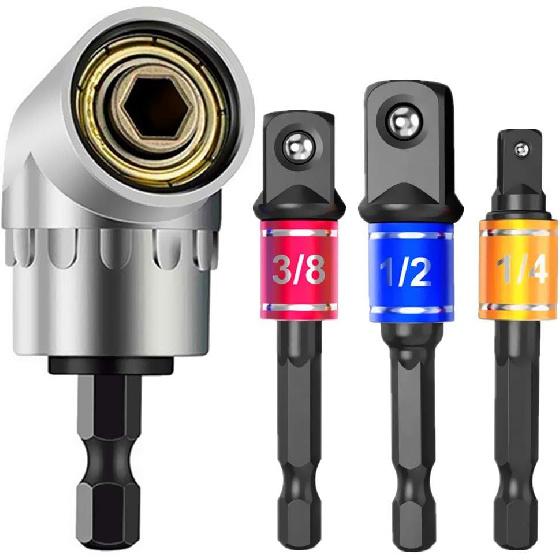 Impact Grade Power Hand Tools Driver Sockets Adapter Extension Set, 3Pcs 1/4 3/8 1/2" Hex Shank Drill Nut Driver Bit Set + 105 Degree Right Angle