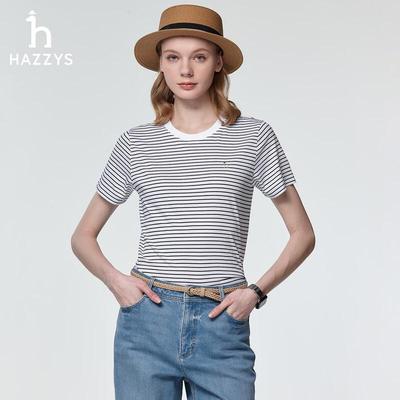 HAZZYS Women's Striped Contrast Crew Neck Short Sleeve T-Shirt