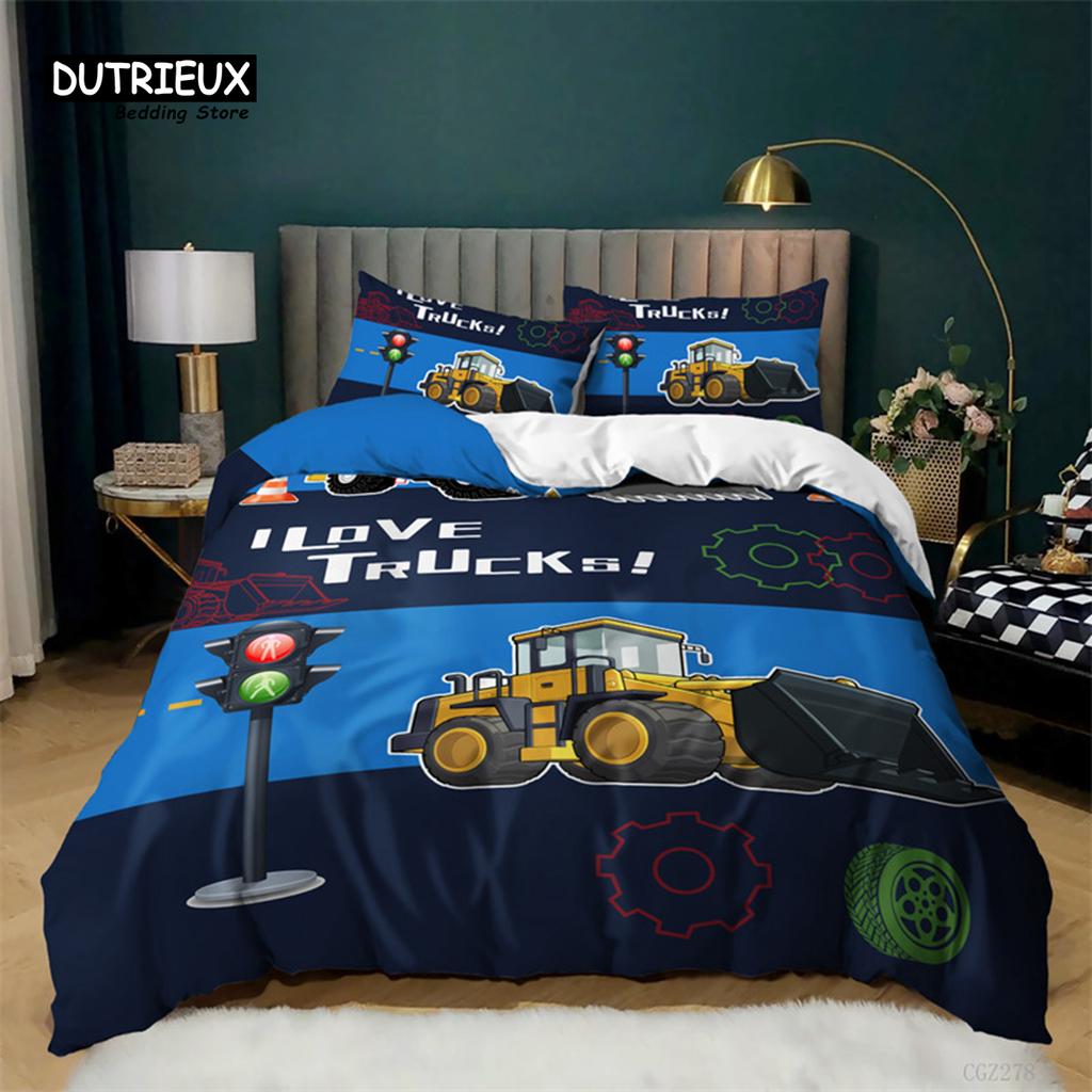 Boys Cartoon Car Duvet Cover Twin King Kids Construction Vehicles Bedding Set Microfiber Cartoon Machinery Truck Comforter Cover