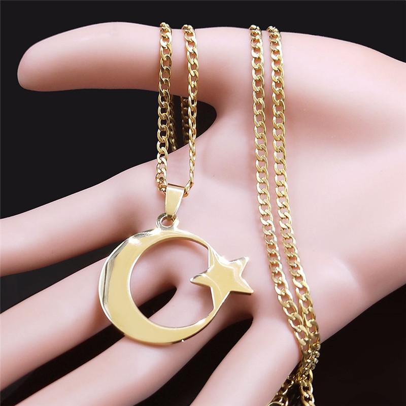 HNSP Turkey Star Moon Stainless Steel Pendant Chain Necklace For Men Women Zircon Accessories