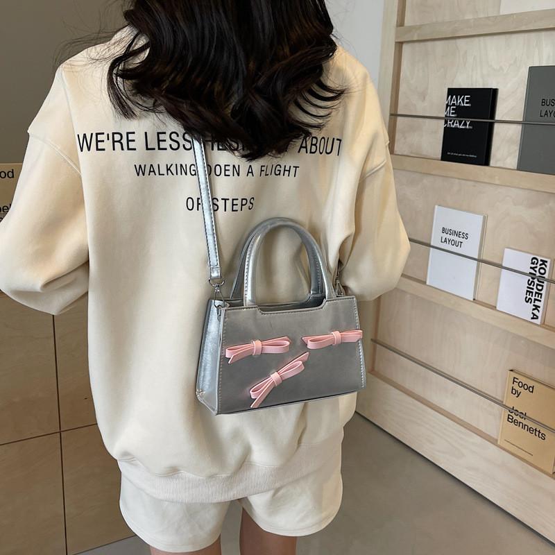 Chic Korean Style Bowknot Crossbody Bag In Black Beige Pink Silver For Women