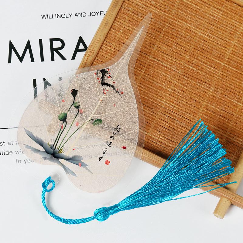 Chinese Bodhi Leaf Bookmark: Floral Ink Wash Style with Peach Blossom, Peony, and Lotus