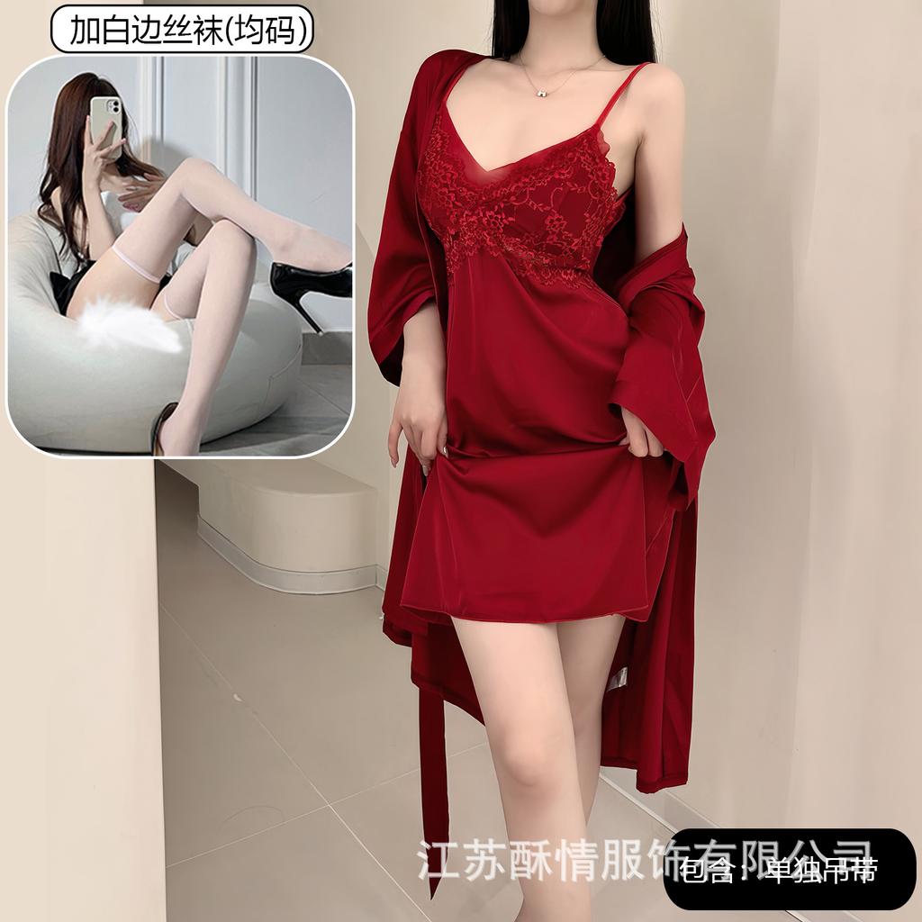 Spring and Summer Sexy Nightdress Lace Temptation V-neck Gathering Ice Silk Suspender Nightdress Backless Chest Pad Suspender Nightdress Set