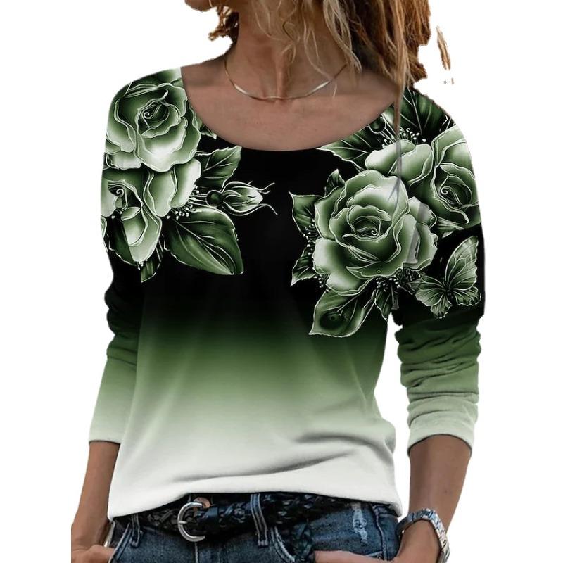 TIFICY Women's Fashion Casual Spring Autumn Flower Pattern Print Long Sleeve O-Neck Blouses & Shirts