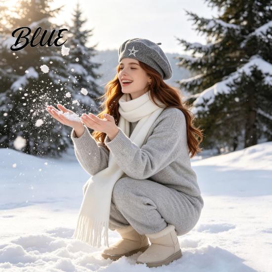 Ladies Winter Hat Women Knitted Beret for Fall Winter French Style Artist Vintage Inspired Cap with Rhinestone Star Stretchy Solid Color Knitting