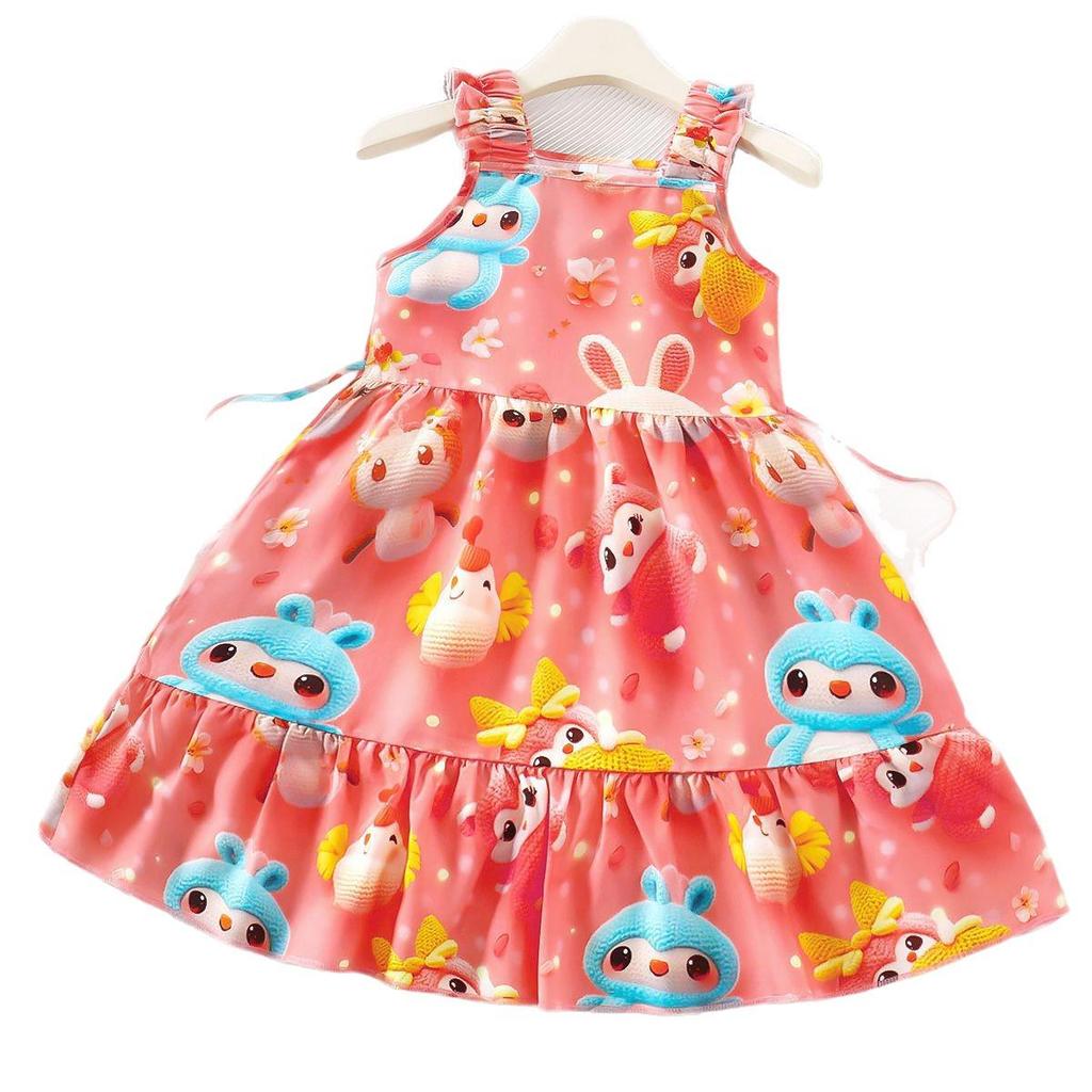 Neues blumiges ärmelloses Prinzessinnenkleid für Mädchen - dreilagiger Kuchenrock, mittellang