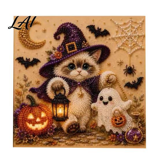 Autumn Home Decoration Halloween Cat Faux Pearl Painting Art Kit Spooky 3D Beads Moonlight Theme Crafts Cute Witch Gem Wall for Adults Craft Lovers