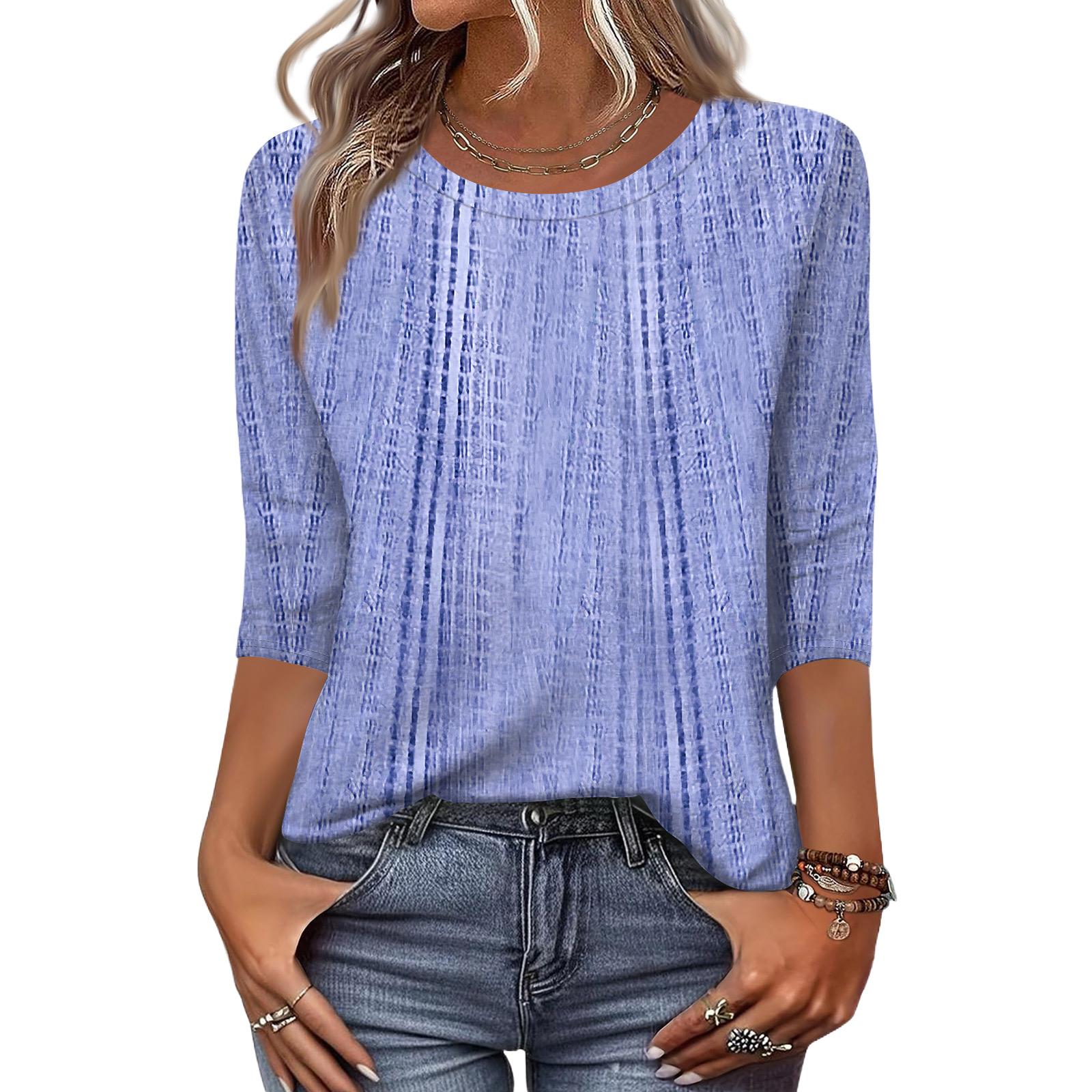 

Women s Fashion Casual Three-Quarter Sleeve Floral Print Round Neck Top M фиолетовый