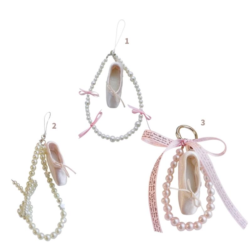 Fashionable Ballet Shoe Keychain Charm with Pearls Ribbon Designs Lovely and Stylish Accessory Portable for Girls