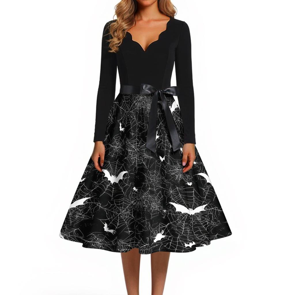 Women's Casual Vintage V Neck Dress with Halloween Print Long Sleeve Fit and Flare Knee Length Dress with Waist Tie Belt