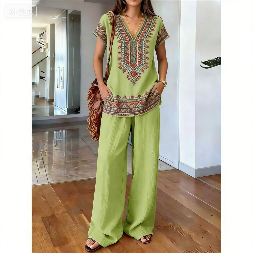 Y11116 Summer loose short-sleeved top wide-leg pants two-piece women's clothing European and American fashion suit