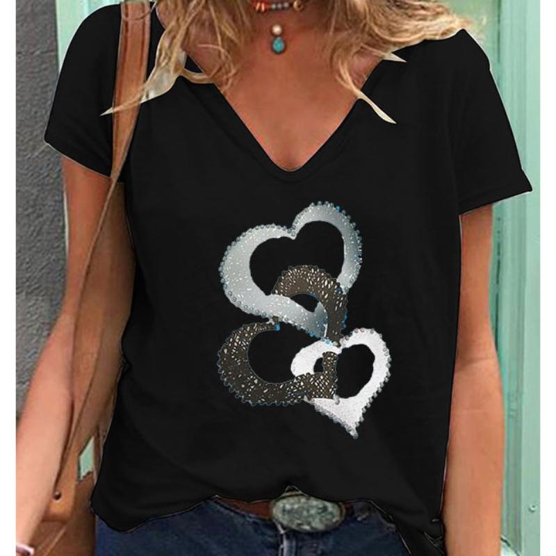 Fashion Spring  Love Print Blouses Short Sleeved V-Neck T Shirts Casual